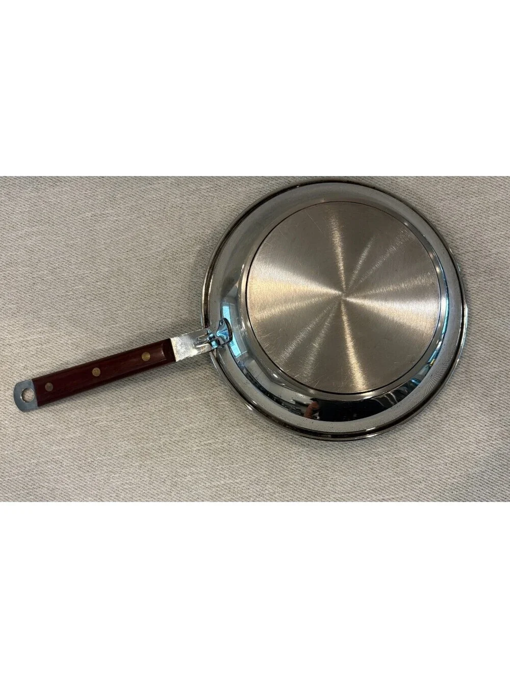 Vintage Stainless Steel 10 Inch Skillet Fry Pan Wood Handle Mid-Century Cookware